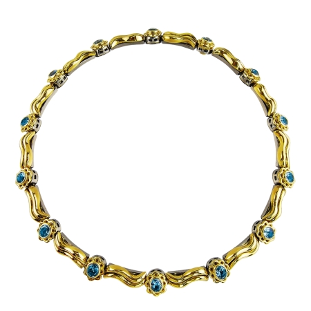 24208 Flowing Lines Wave Necklace Designed & Handmade by Kaufmann de Suisse 18kt White & Yellow Gold featuring 2 Bezel Set Cushion Cut Blue Topaz weighing a total of 30.10cts mounted with 56 Round (1)