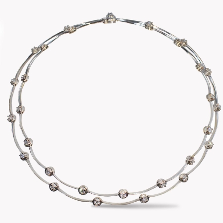 24228 Two Row Diamond Cascade Necklace Designed & Handmade by Kaufmann de Suisse in 18kt White Gold featuring 31 Round Brilliant Cut GSI Quality Diamonds weighing a total of 4.92cts