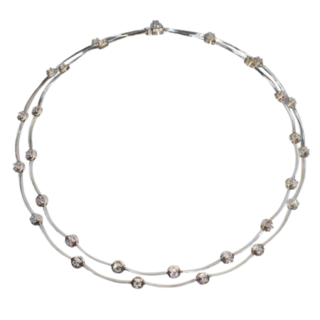 24228 Two Row Diamond Cascade Necklace Designed & Handmade by Kaufmann de Suisse in 18kt White Gold featuring 31 Round Brilliant Cut GSI Quality Diamonds weighing a total of 4.92cts