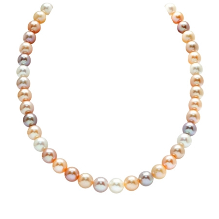 24622 17.5 Inch Multicolor South Sea & Freshwater Pearl Necklace featuring 31 Peach, Pink, Golden, Black, and White Pearls measuring 13.1 15.1mm Strung onto a 14kt Yellow Gold Ball Clasp with 13 H