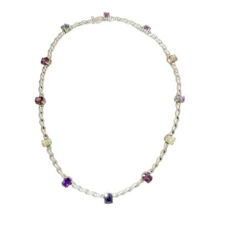 Flowing Lines Sapphire & Diamond Chocker Necklace Designed & Handmade by Kaufmann de Suisse in 18kt White Gold featuring 12 Cushion Cut Multi-Color Sapphires weighing a total of 15.56cts and 56 Round Brilliant Cut G/VS Quality Diamonds weighing a total of 0.52cts