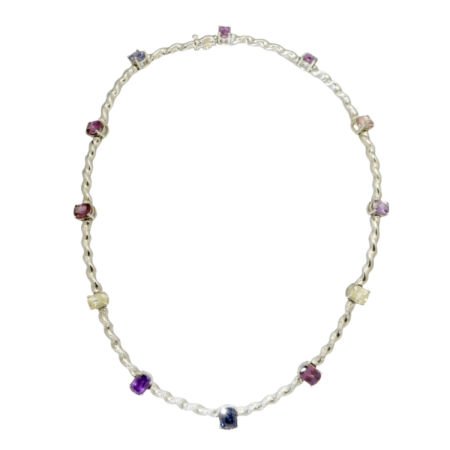 30956 Flowing Lines Sapphire & Diamond Chocker Necklace Designed & Handmade by Kaufmann de Suisse in 18kt White Gold featuring 12 Cushion Cut Multi Color Sapphires weighing a total of 15.56cts and