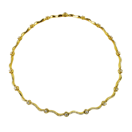 31117 Flowing Lines Diamond Necklace Designed & Handmade by Kaufmann de Suisse in 18kt Yellow Gold featuring 18 Round Brilliant cut GSI Quality Diamonds weighing a total