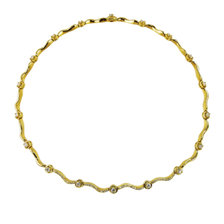 31117 Flowing Lines Diamond Necklace Designed & Handmade by Kaufmann de Suisse in 18kt Yellow Gold featuring 18 Round Brilliant cut GSI Quality Diamonds weighing a total of 3.24cts and 52 Round Br