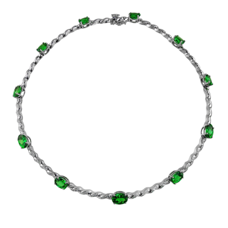 31384 Flowing Lines Tsavorite & Diamond Chocker Necklace Designed & Handmade by Kaufmann de Suisse in 18kt White Gold featuring 11 Oval Tzavorites weighing a total of 15.78cts and 70 Round Brillia