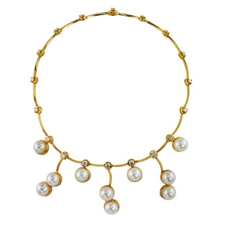32108 Cascade Diamond & Pearl Necklace Designed & Handmade by Kaufmann de Suisse in 18kt Yellow Gold featuring 18 Round Brilliant Cut GSI Quality Diamonds weighing a total of 3.06cts and 10 South