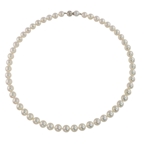 40032 Akoya Pearl Strand Necklace Designed and Handmade by Kaufmann de Suisse featuring 54 Akoya Pearls measuring 7.5 8mm strung with an 18kt White Gold Bayonette Clasp featuring 14 Round