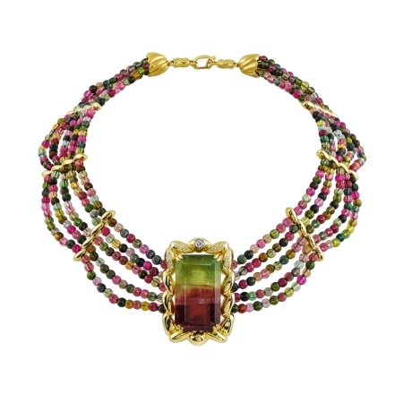 40287 Flowing Lines Multi Color Tourmaline Necklace Designed & Handmade by Kaufmann de Suisse in 18kt Yellow Gold featuring one Emerald Cut 96.32cts Watermelon Tourmaline and 17 Round Brilliant