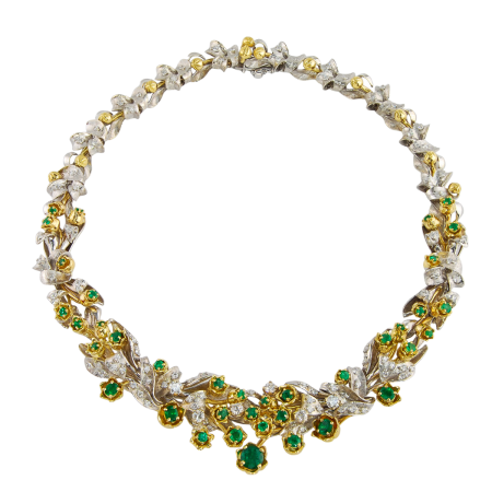 40342 Emerald Tulip Necklace Designed & Handmade by Kaufmann de Suisse in 18kt White and Yellow Gold featuring 37 Round & Oval Columbian Emeralds weighing a total of 5.91cts and 98 Round Brilliant