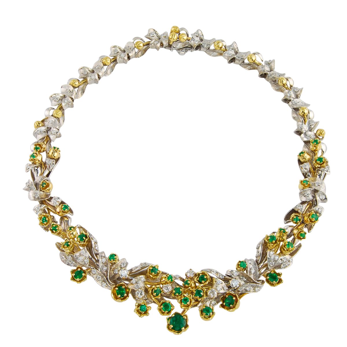 40342 Emerald Tulip Necklace Designed & Handmade by Kaufmann de Suisse in 18kt White and Yellow Gold featuring 37 Round & Oval Columbian Emeralds weighing a total of 5.91cts and 98 Round Brilliant