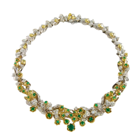 40342 Emerald Tulip Necklace Designed & Handmade by Kaufmann de Suisse in 18kt White and Yellow Gold featuring 37 Round & Oval Columbian Emeralds weighing a total of 5.91cts and 98 Round Brilliant