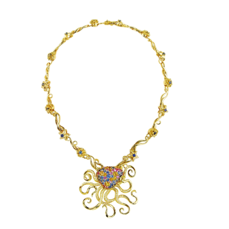 40349 Octopus Necklace Designed & Handmade by Kaufmann de Suisse in 18kt Yellow Gold featuring 106 Blue, Pink and Yellow Round Sapphires weighing a total of 16.73cts and 129 Round Brilliant Cut FV