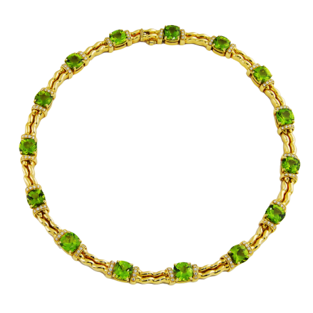 40355 Peridot & Diamond Necklace Designed & Handmade by Kaufmann de Suisse in 18kt Yellow Gold featuring 15 Cushion Cut Peridot weighing a total of 43.35cts and 130 Round Brilliant cut FVVS Qualit