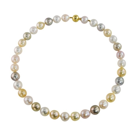 40372 17.5 Inch Pastel Color South Sea Pearl Strand Necklace featuring 34 off Round Multi color South Sea Pearls measuring from 11 to 11.5mm strung on an 18kt Yellow Gold Bayonette Clasp