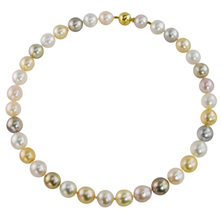 40372 17.5 Inch Pastel Color South Sea Pearl Strand Necklace featuring 34 off Round Multi color South Sea Pearls measuring from 11 to 11.5mm strung on an 18kt Yellow Gold Bayonette Clasp