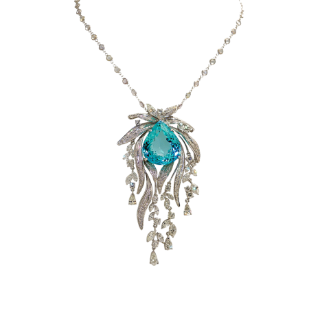 40406 One of a Kind Blue Topaz Drop & Diamond Necklace Designed and Handmade by Kaufmann de Suisse in 18kt White Gold featuring one Pear Shape Blue Topaz weighing 83cts and 714 Mixed Shaped Diamon