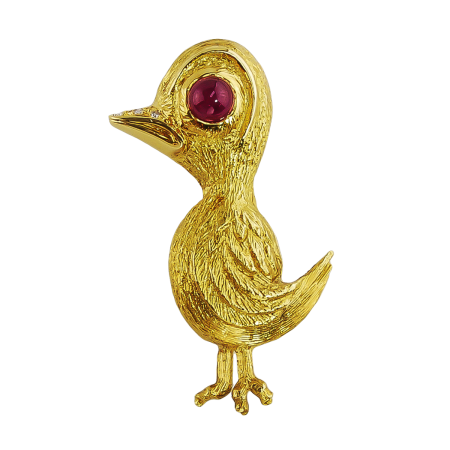 40419 Bird Pendant Designed & Handmade by Kaufmann de Suisse in 18kt Yellow Gold featuring one Cabochon cut Ruby weighing a total of 0.38cts and 3 Round Brilliant Cut FVVS Quality Diamonds weighin