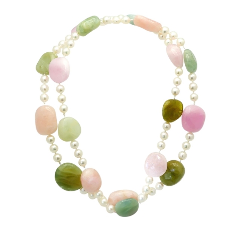 40450 36 Inch Tourmaline Tumble Gemstones and Akoya Pearl Necklace featuring 9 Pink and 9 Green Tourmaline Tumble Gemstones and 54 Akoya 7 8mm Pearls