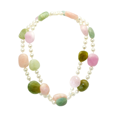 40450 36 Inch Tourmaline Tumble Gemstones and Akoya Pearl Necklace featuring 9 Pink and 9 Green Tourmaline Tumble Gemstones and 54 Akoya 7 8mm Pearls