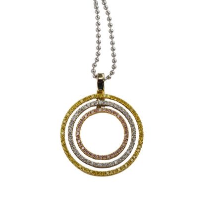 40677 Orbits of Love Necklace Designed and Handmade by Kaufmann de Suisse in 18kt White, Yellow and Rose Gold featuring 62 Brilliant Cut Yellow Diamonds weighing a total of 0.40cts, 38 Brilliant