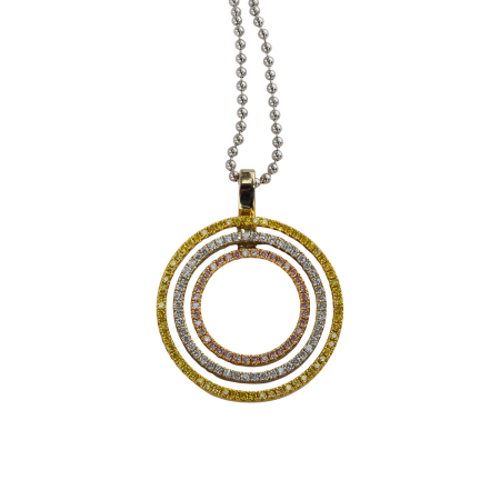 40677 Orbits of Love Necklace Designed and Handmade by Kaufmann de Suisse in 18kt White, Yellow and Rose Gold featuring 62 Brilliant Cut Yellow Diamonds weighing a total of 0.40cts, 38 Brilliant C