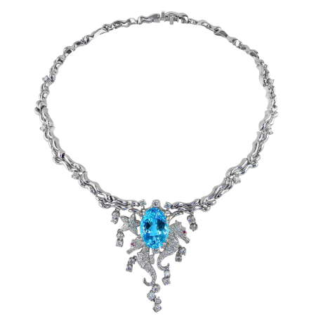 40882 Dancing Seahorse Diamond and Blue Topaz Necklace Designed and Handmade by Kaufmann de Suisse in 18kt White Gold featuring 1 Oval Blue Topaz weighing 32.20cts