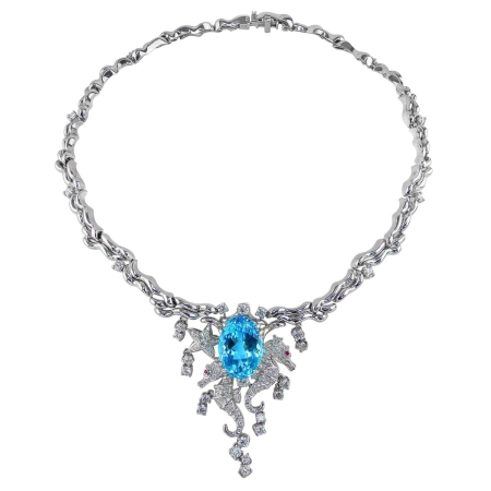 40882 Dancing Seahorse Diamond and Blue Topaz Necklace Designed and Handmade by Kaufmann de Suisse in 18kt White Gold featuring 1 Oval Blue Topaz weighing 32.20cts and 125 Round Brilliant