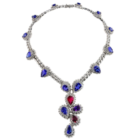 41079 Double Flowing Lines Tanzanite, Rubellite, Rhodolite, Amethyst & Diamond Necklace Designed & Handmade by Kaufmann de Suisse in 18kt White Gold featuring 14 Pear Shape Tanzanites weighing a t