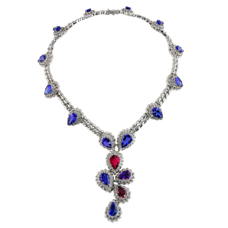 41079 Double Flowing Lines Tanzanite, Rubellite, Rhodolite, Amethyst & Diamond Necklace Designed & Handmade by Kaufmann de Suisse in 18kt White Gold featuring 14 Pear Shape Tanzanites weighing a t