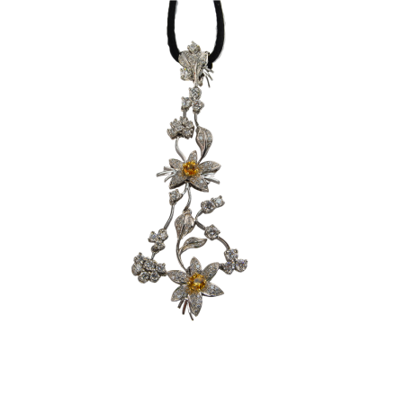 41107 Jasmin de Nuit Diamond Pendant Designed & Handmade by Kaufmann de Suisse in 18kt White Gold featuring 2 Round Yellow Sapphires weighing a total of 0.95cts and 136 Round Brilliant Cut FVVS Qu