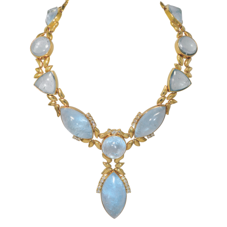 41141 Siren of the Sea Aquamarine Necklace Designed & Handmade by Kaufmann de Suisse in 18kt Yellow Gold featuring 13 Cabochon Cut Aquamarines weighing a total of 628.85cts and 25 Round Brilliant