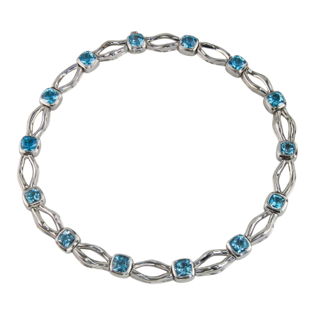 41596 Tsarina Blue Topaz Necklace Designed and Handmade by Kaufmann de Suisse in Platinum plated Silver featuring 14 Cushion cut Blue Topaz weighing a total of 66.28cts