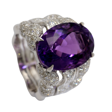21530 Triple Flowing Lines Amethyst & Diamond Ring Designed & Handmade by Kaufmann de Suisse in Platinum featuring one Oval Cut 13.05cts Amethyst mounted with 128