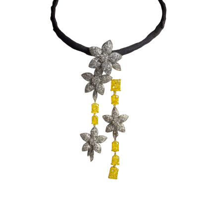 22553 Jasmin de Nuit Yellow Sapphire & Diamond Pendant Designed & Handmade by Kaufmann de Suisse in 18kt White Gold featuring 104 Round Brilliant Cut
