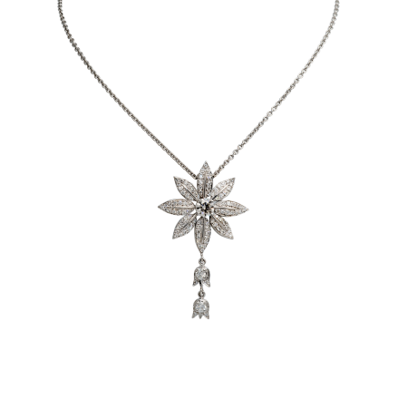 23011 Lilly of the Valley Feuille Diamond Pendant Designed & Handmade by Kaufmann de Suisse in 18kt White Gold featuring 98 Round Brilliant Cut GSI Quality Diamonds weighing a total of 1.36cts and