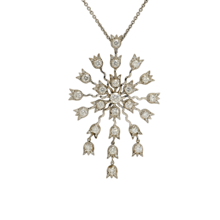 23041 Lilly of the Valley Diamond Pendant Designed & Handmade by Kaufmann de Suisse in 18kt White Gold featuring 23 Round Brilliant Cut GSI Quality Diamonds weighing a total of 4.14cts and 46 Roun