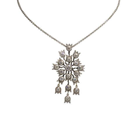 23045 Lilly of the Valley Diamond Pendant Designed & Handmade by Kaufmann de Suisse in 18kt White Gold featuring 17 Round Brilliant Cut GSI Quality Diamonds weighing a total of 3.40cts and 34 Roun