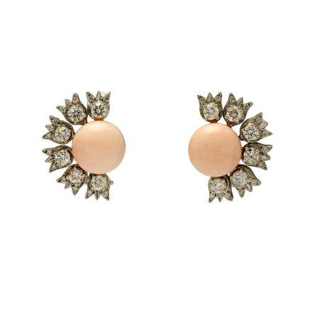 23073 Lilly of the Valley Button Coral and Diamond Clip Earrings Designed & Handmade by Kaufmann de Suisse in 18kt White Gold featuring featuring 2 x 12.5mm Button Cut Angel Skin Corals mounted wi