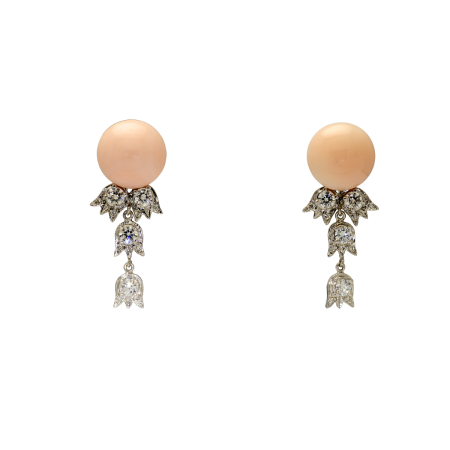 23076 Lilly of the Valley Button Coral and Diamond Dangle Earrings Designed & Handmade by Kaufmann de Suisse in 18kt White Gold featuring featuring 2 x 13mm Button Cut Angel Skin Corals mounted wi
