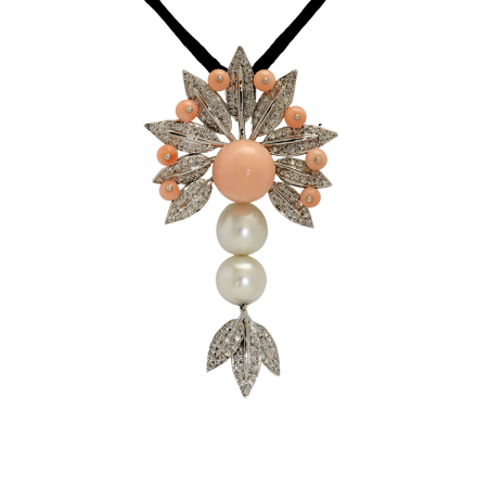 23095 Peacock Feuille Pendant with Coral, Pearls & Diamonds Designed & Handmade by Kaufmann de Suisse in 18kt White Gold featuring one Cabochon Cut Half Round Angel Skin Coral measuring l2.5mm and