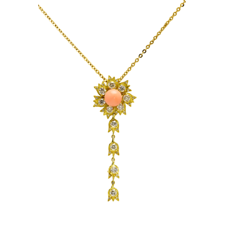 23098 Lilly of the Valley Coral & Diamond Pendant Designed & Handmade by Kaufmann de Suisse in 18kt Yellow Gold featuring one 8.5mm Coral Bead and 33 Round Brilliant Cut GSi Quality Diamonds weigh